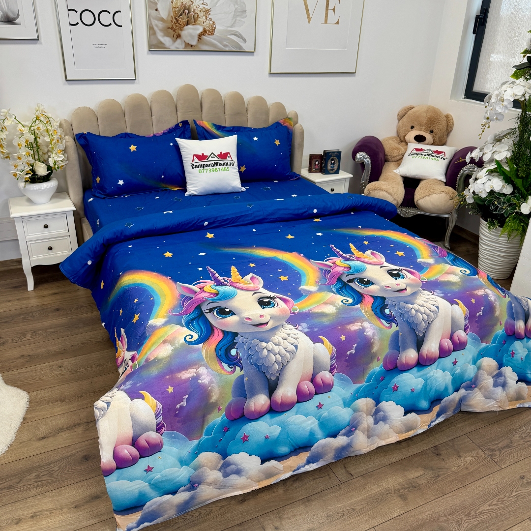 Lenjerie pat dublu, bumbac satinat, cearsaf clasic, 4 piese, Albastru, unicorni - imagine 3