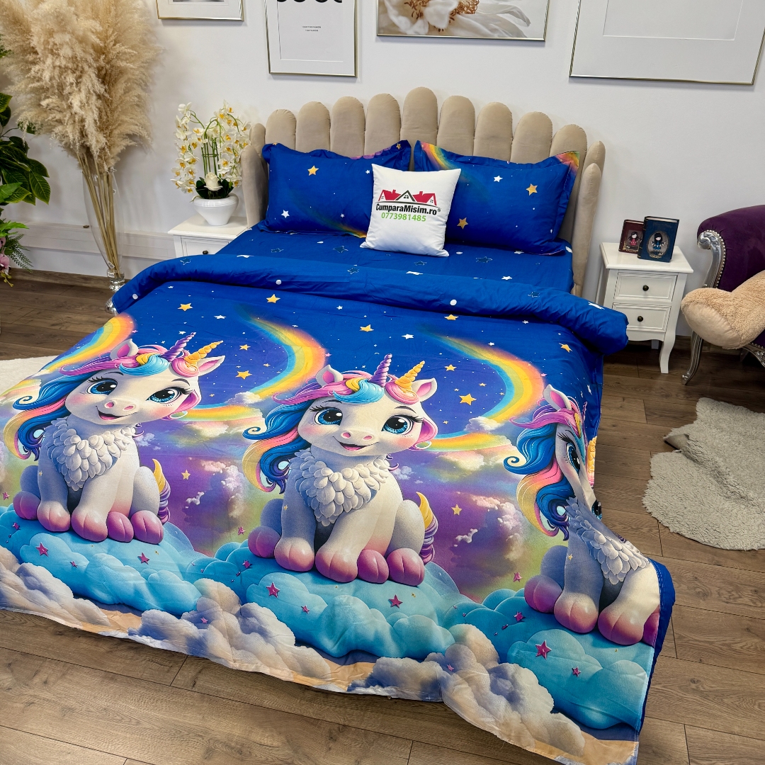 Lenjerie pat dublu, bumbac satinat, cearsaf clasic, 4 piese, Albastru, unicorni - imagine 4