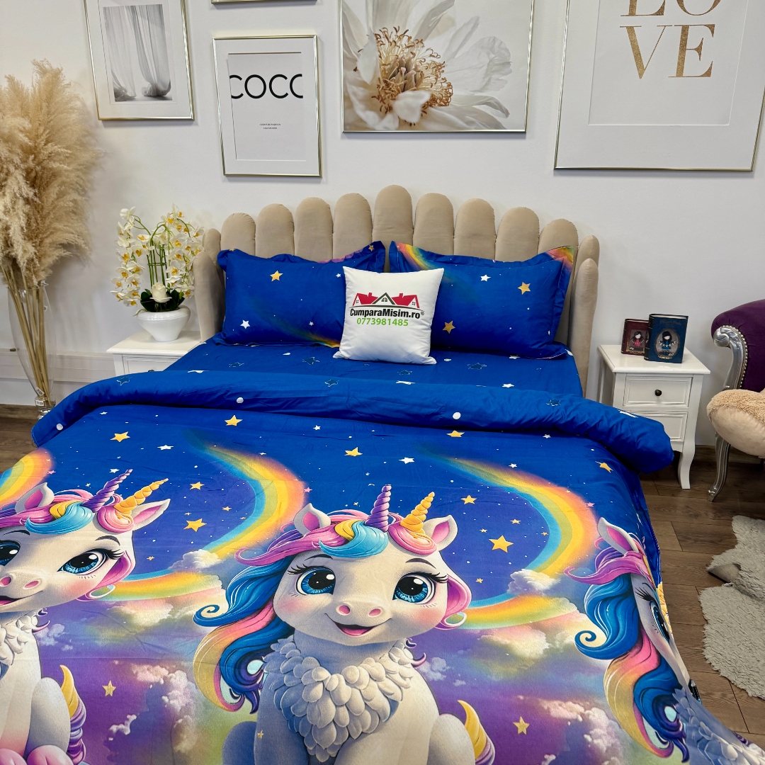 Lenjerie pat dublu, bumbac satinat, cearsaf clasic, 4 piese, Albastru, unicorni - imagine 5