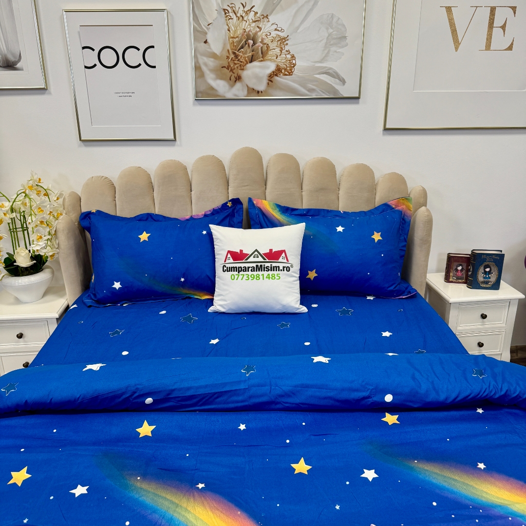 Lenjerie pat dublu, bumbac satinat, cearsaf clasic, 4 piese, Albastru, unicorni - imagine 6