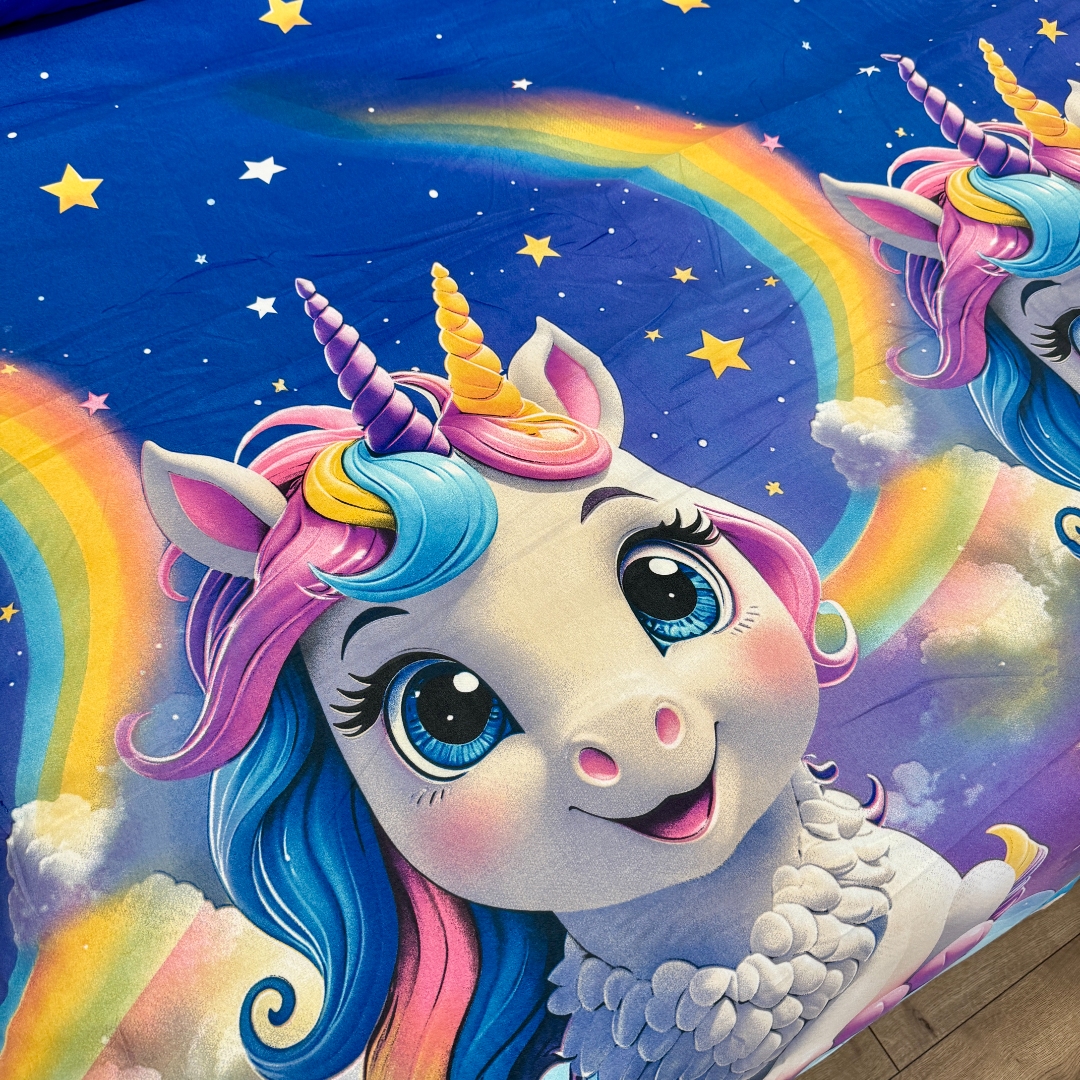 Lenjerie pat dublu, bumbac satinat, cearsaf clasic, 4 piese, Albastru, unicorni - imagine 7