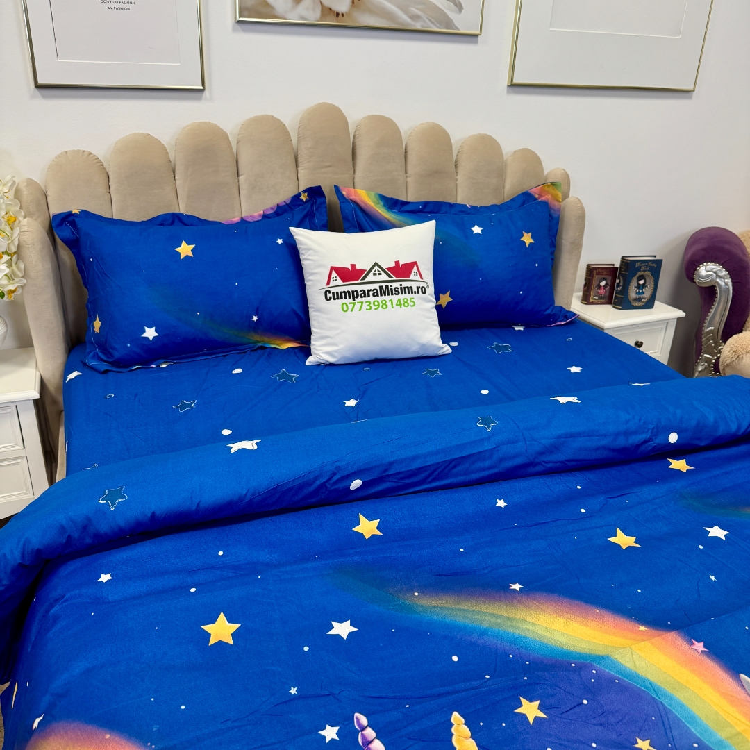 Lenjerie pat dublu, bumbac satinat, cearsaf clasic, 4 piese, Albastru, unicorni - imagine 8