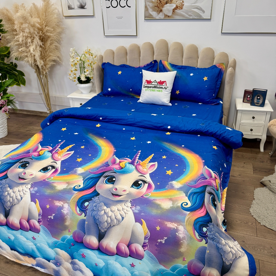 Lenjerie pat dublu, bumbac satinat, cearsaf clasic, 4 piese, Albastru, unicorni - imagine 9