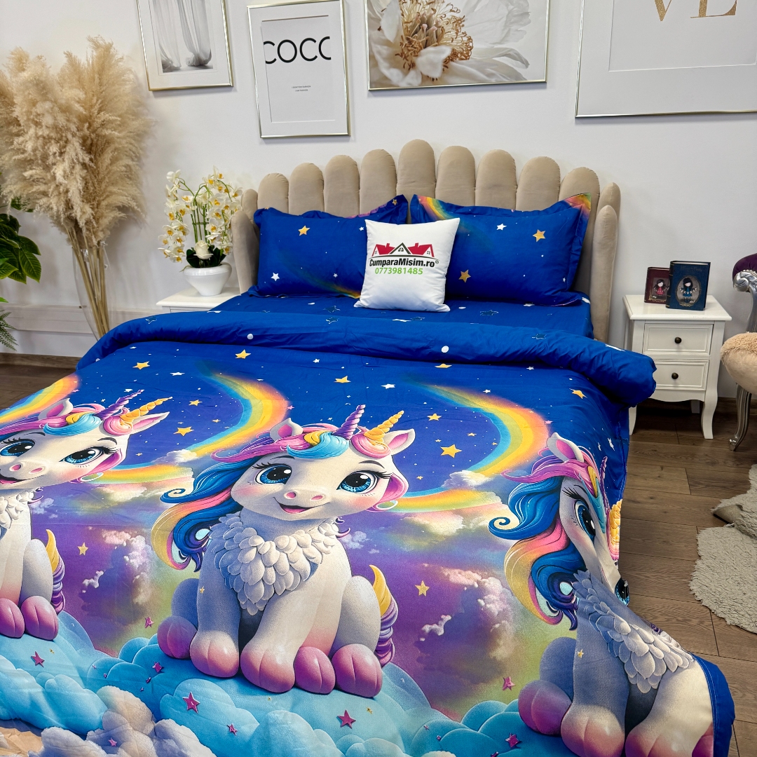 Lenjerie pat dublu, bumbac satinat, cearsaf clasic, 4 piese, Albastru, unicorni - imagine 10