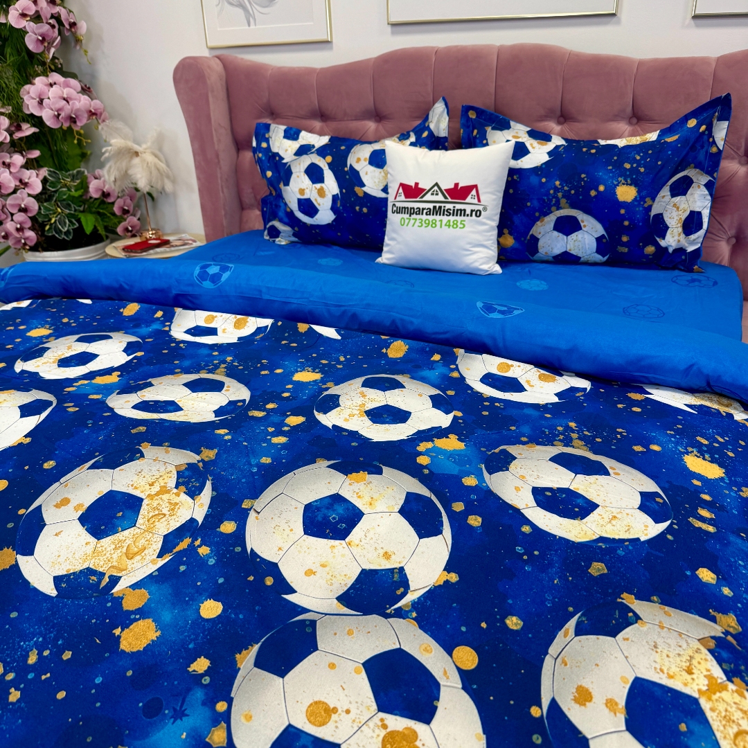 Lenjerie pat dublu, bumbac satinat, cearsaf clasic, 4 piese, Albastru, mingii de fotbal - imagine 5