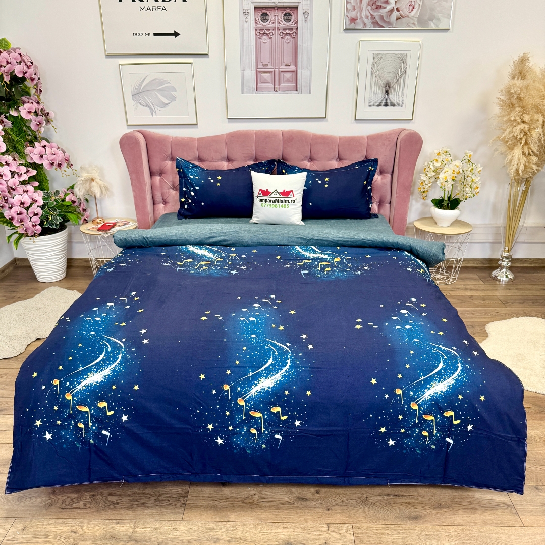 Lenjerie pat dublu, bumbac satinat, cearsaf clasic, 4 piese, Albastru, Albastru, stelute, note muzicale - imagine 2
