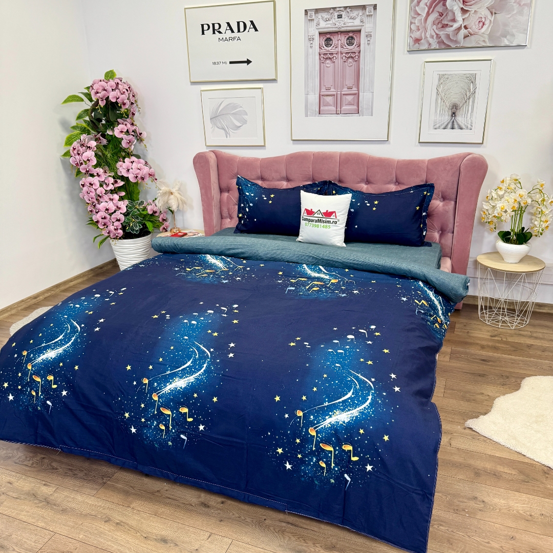 Lenjerie pat dublu, bumbac satinat, cearsaf clasic, 4 piese, Albastru, Albastru, stelute, note muzicale - imagine 3