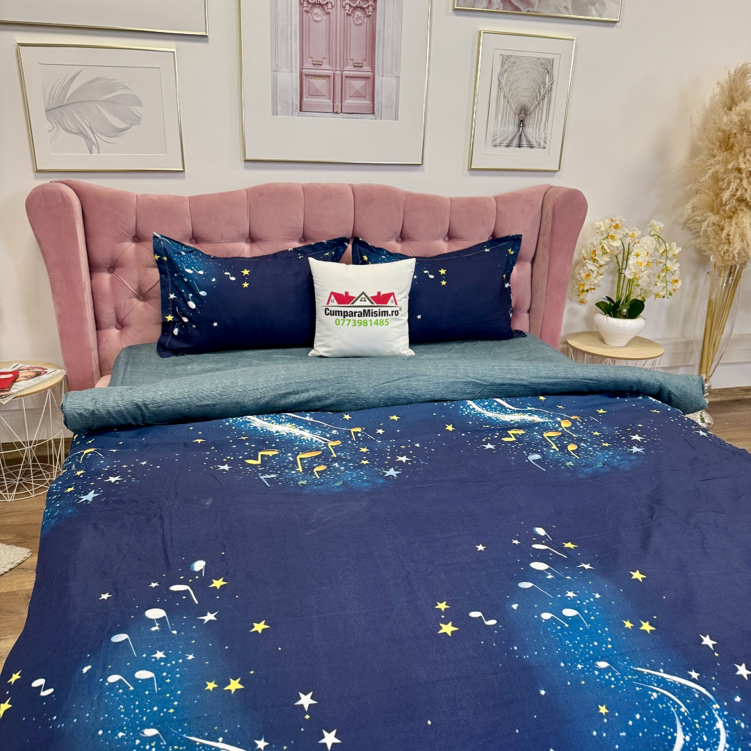 Lenjerie pat dublu, bumbac satinat, cearsaf clasic, 4 piese, Albastru, Albastru, stelute, note muzicale - imagine 5