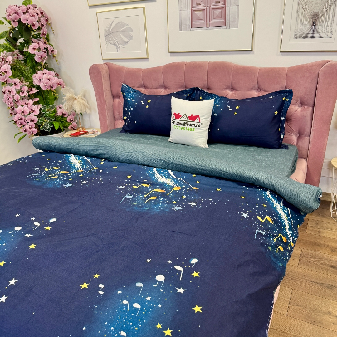 Lenjerie pat dublu, bumbac satinat, cearsaf clasic, 4 piese, Albastru, Albastru, stelute, note muzicale - imagine 6