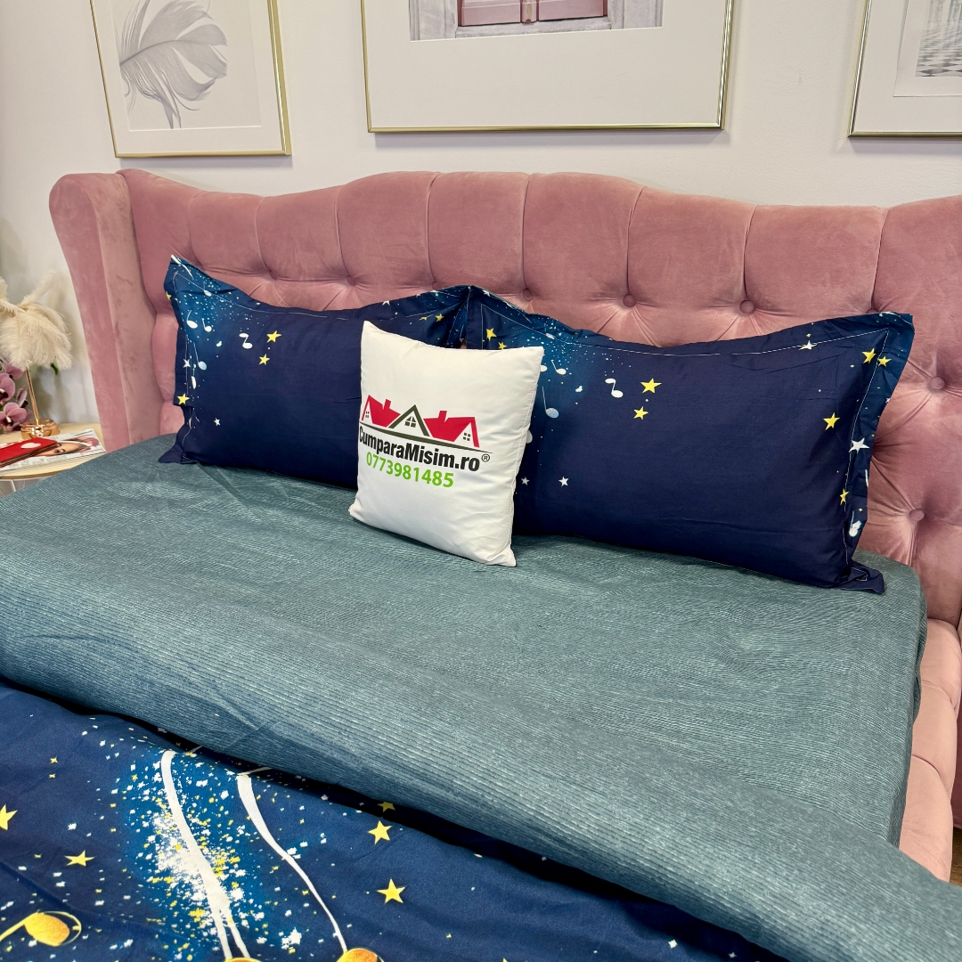 Lenjerie pat dublu, bumbac satinat, cearsaf clasic, 4 piese, Albastru, Albastru, stelute, note muzicale - imagine 7