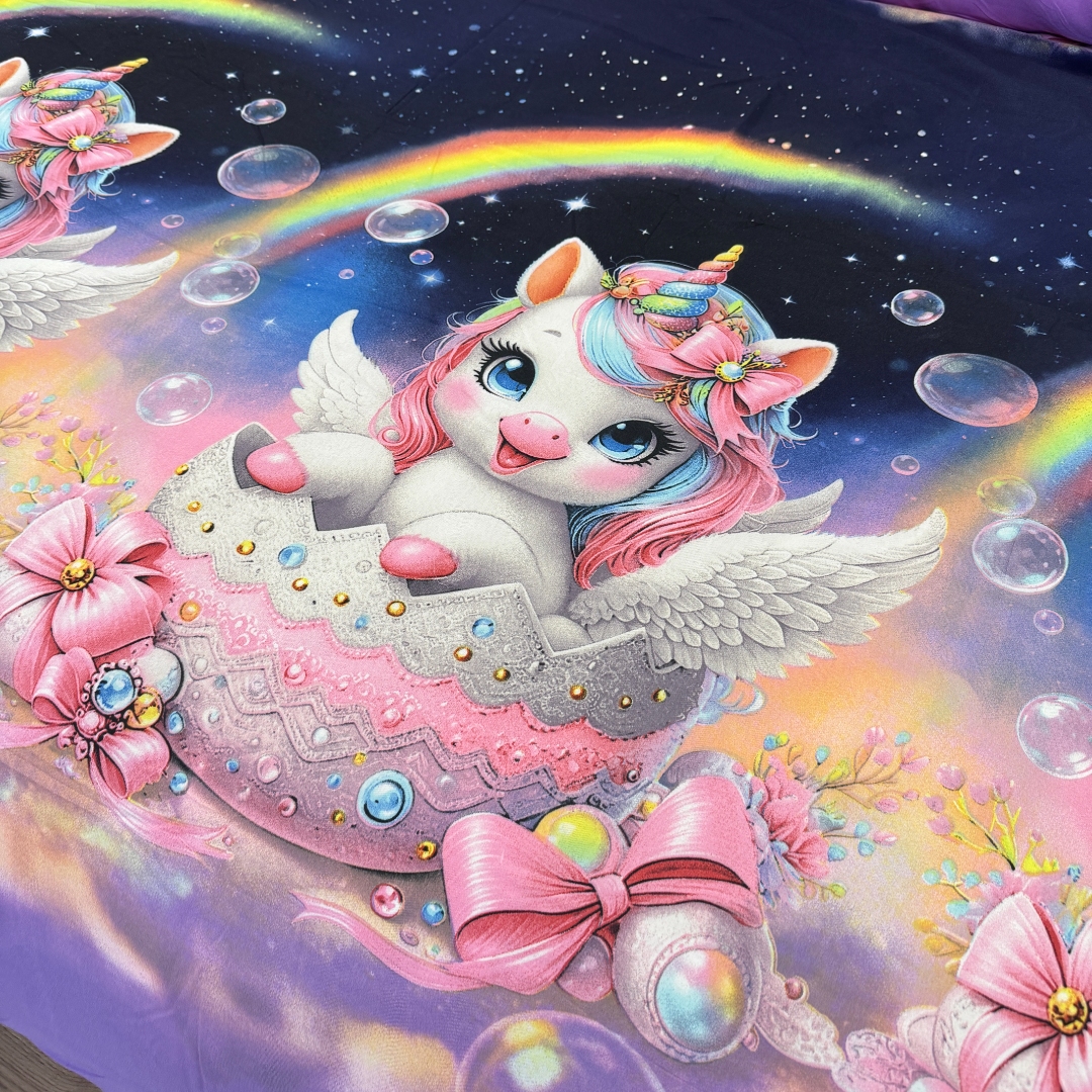 Lenjerie pat dublu, bumbac satinat, cearsaf clasic, 4 piese, Albastru, Mov, unicorni - imagine 5