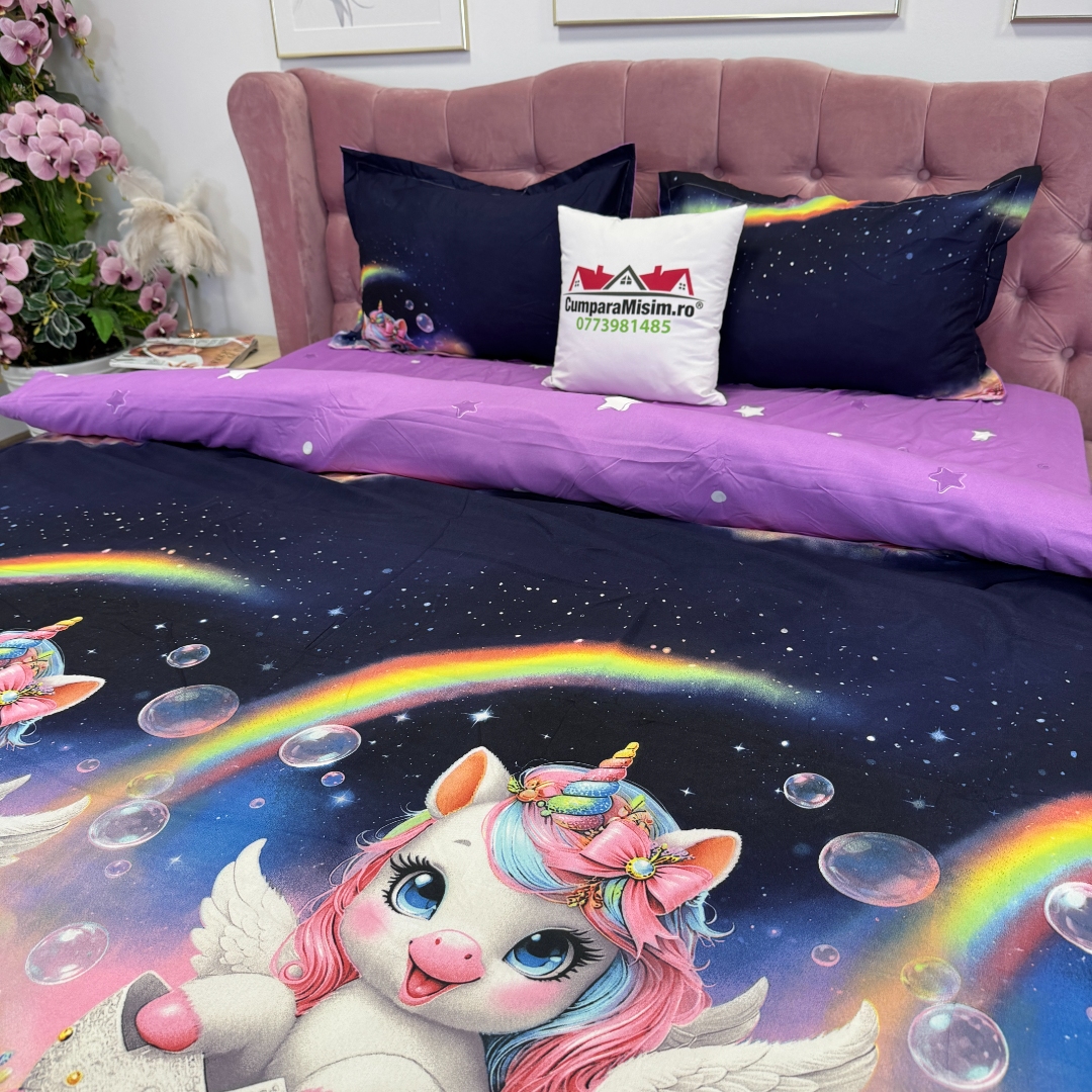 Lenjerie pat dublu, bumbac satinat, cearsaf clasic, 4 piese, Albastru, Mov, unicorni - imagine 6