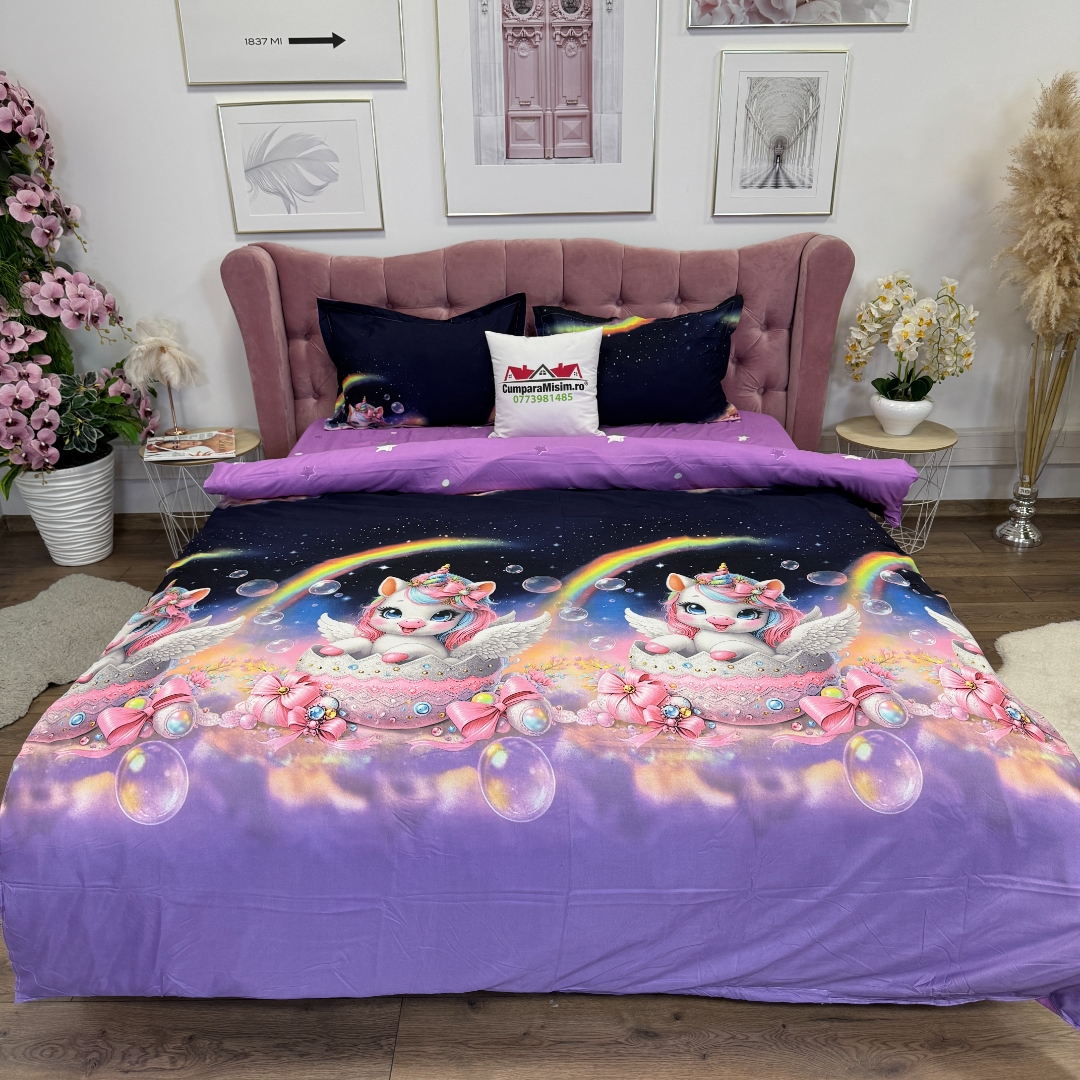Lenjerie pat dublu, bumbac satinat, cearsaf clasic, 4 piese, Albastru, Mov, unicorni - imagine 9