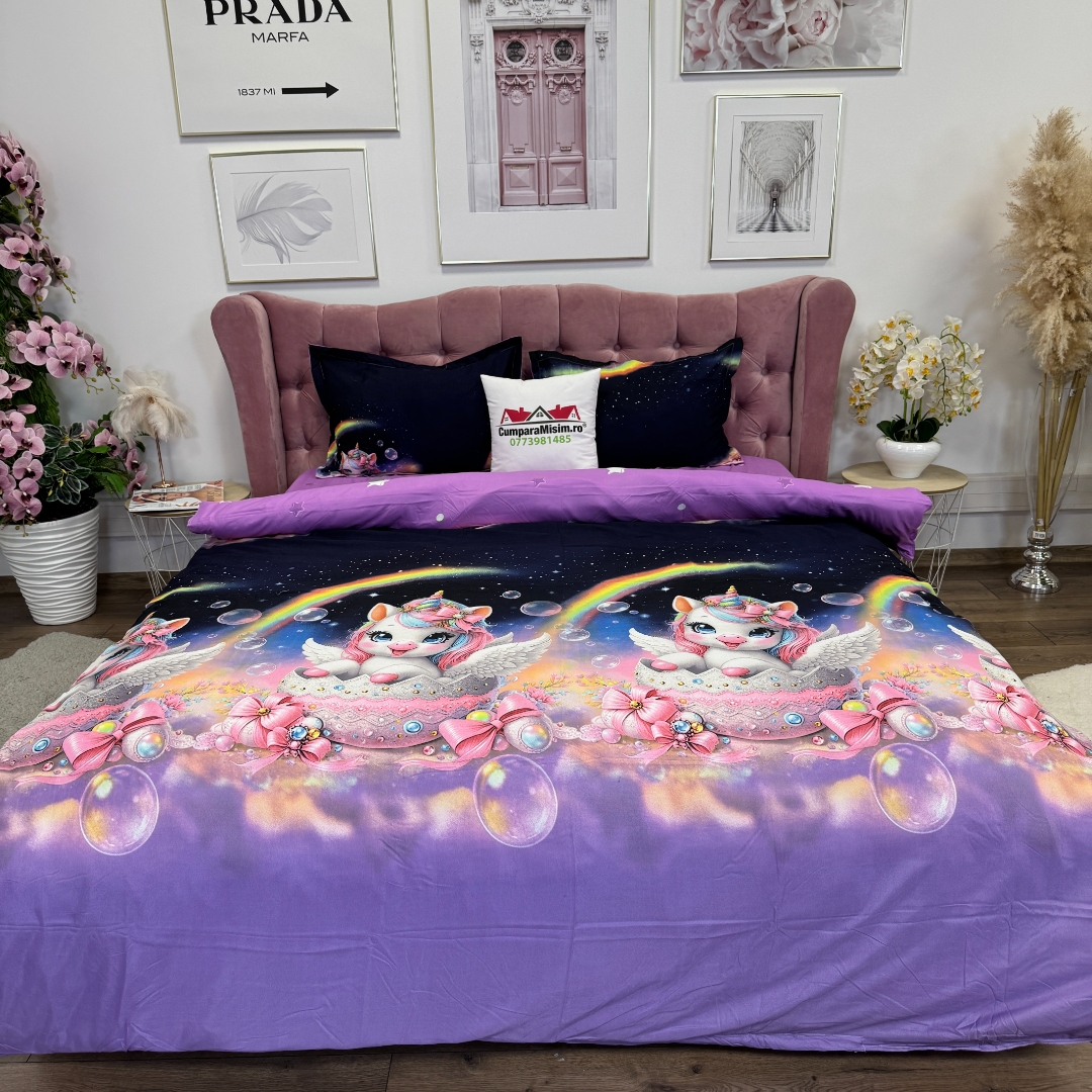 Lenjerie pat dublu, bumbac satinat, cearsaf clasic, 4 piese, Albastru, Mov, unicorni - imagine 10