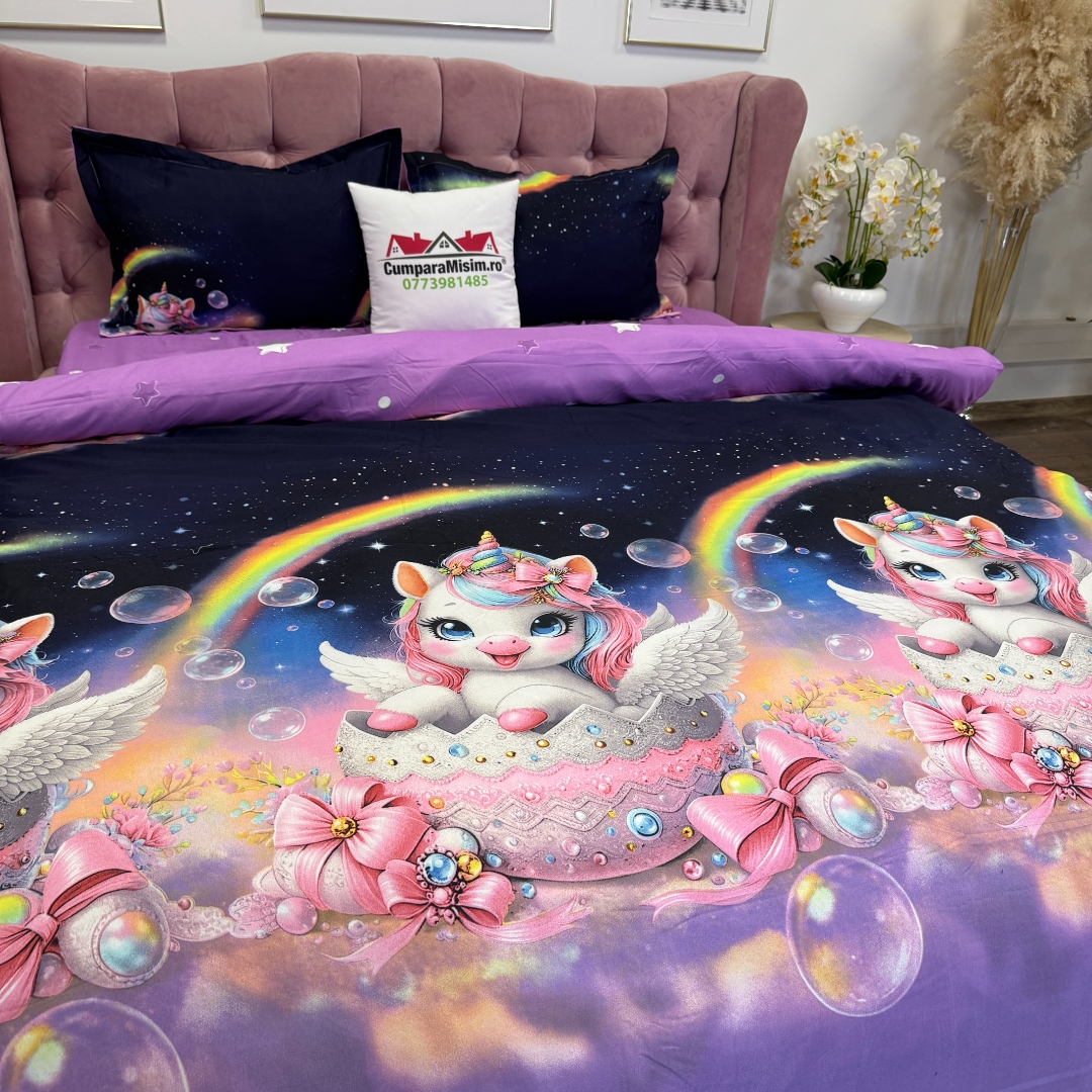 Lenjerie pat dublu, bumbac satinat, cearsaf clasic, 4 piese, Albastru, Mov, unicorni - imagine 11
