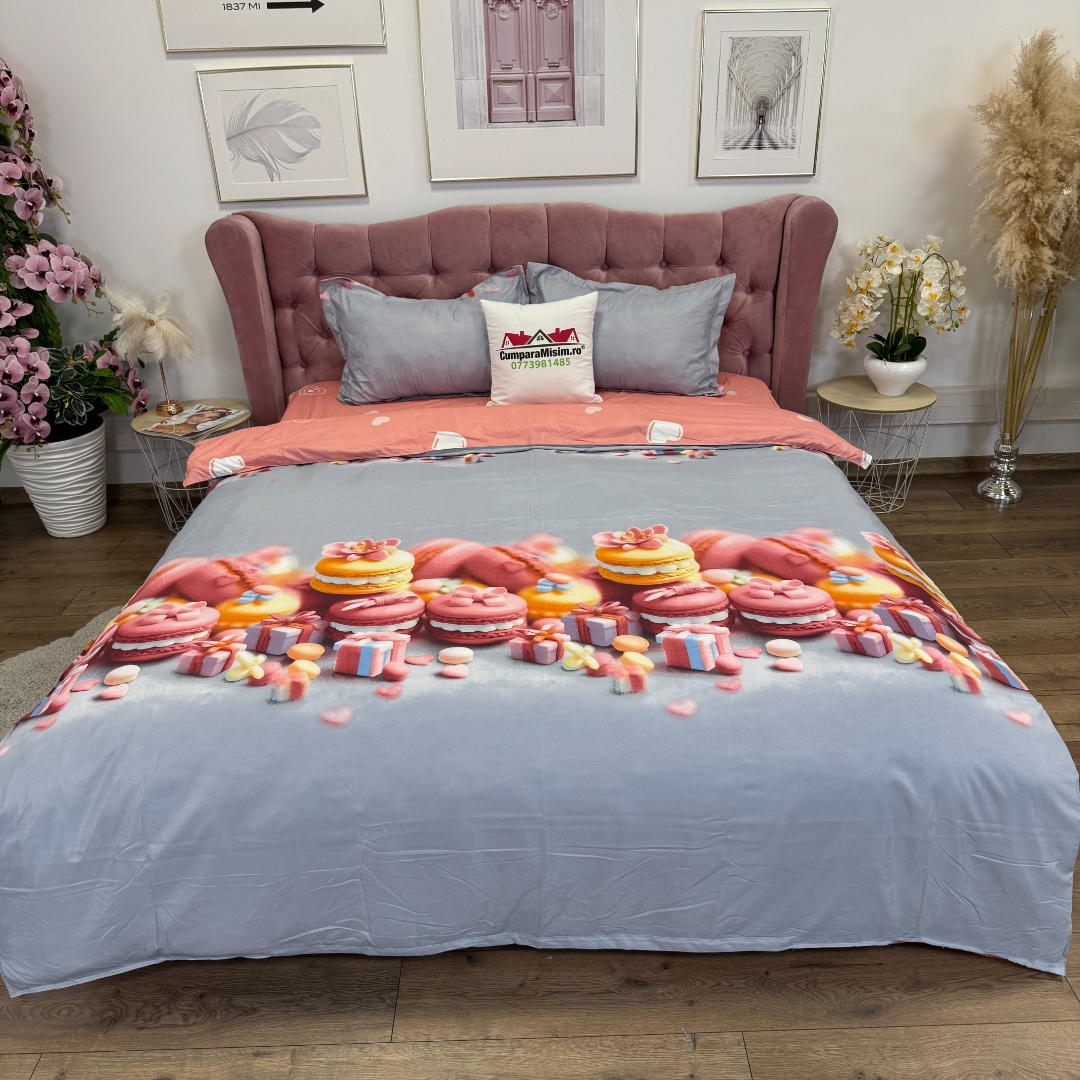Lenjerie pat dublu cu Elastic, bumbac satinat, Gri, Roz, macarons - view 2