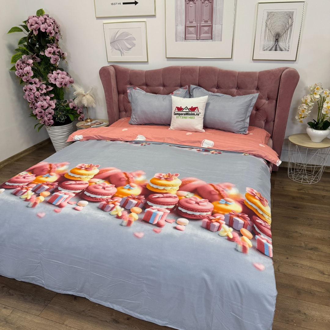 Lenjerie pat dublu cu Elastic, bumbac satinat, Gri, Roz, macarons - view 4