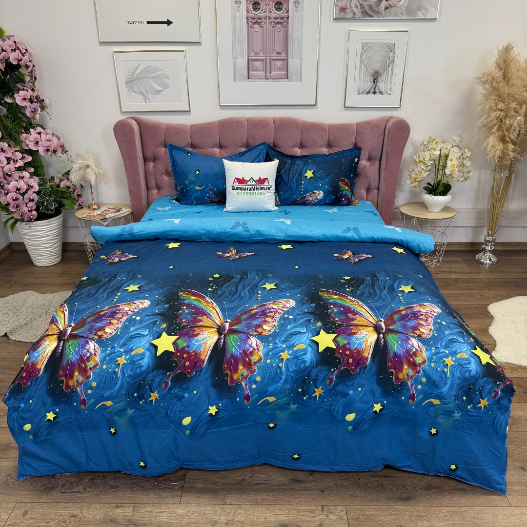 Lenjerie Pat Dublu Cu Elastic Bumbac Satinat - 3 Bucati 219 Lei - Albastru Fluturi - imagine 2