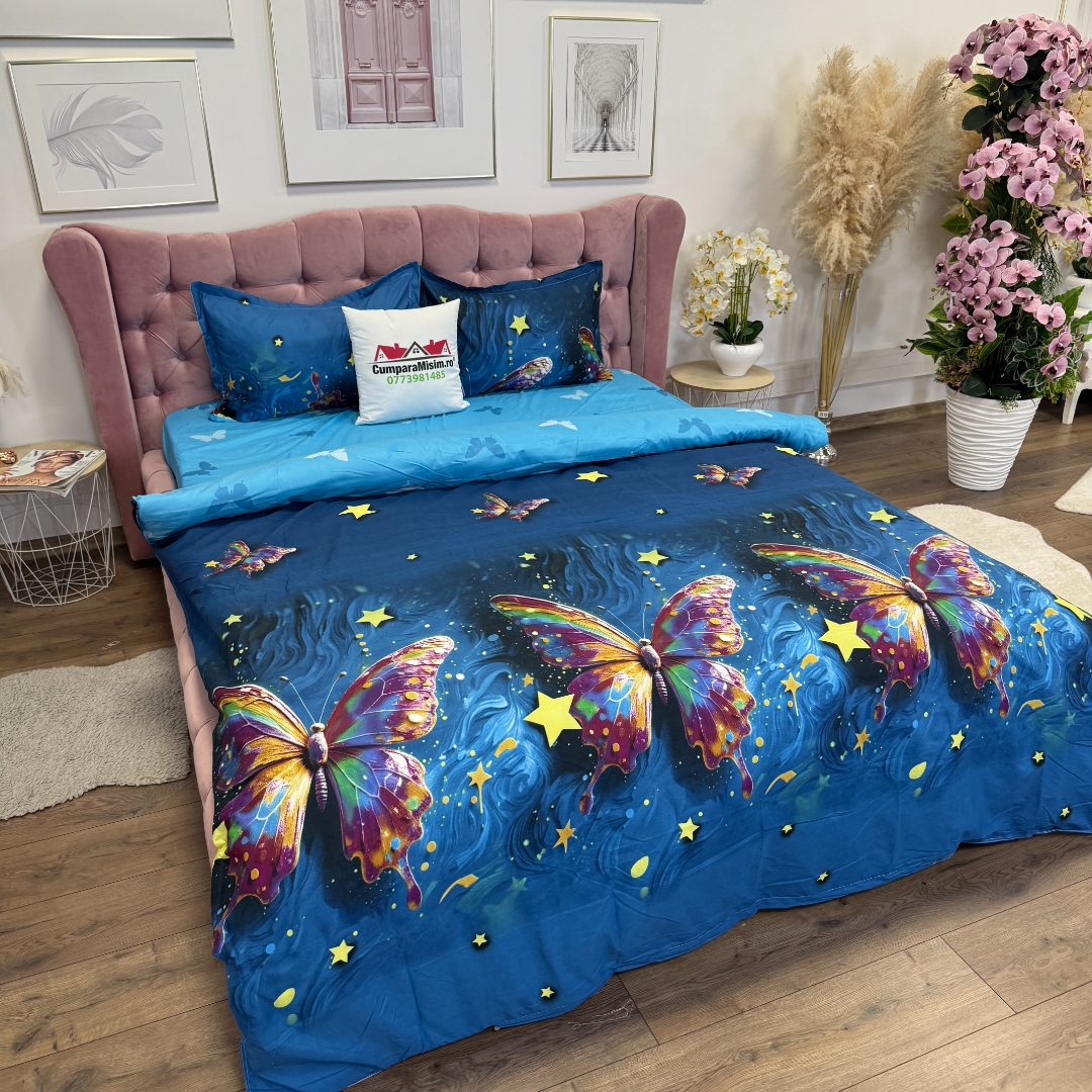Lenjerie Pat Dublu Cu Elastic Bumbac Satinat - 3 Bucati 219 Lei - Albastru Fluturi - imagine 3