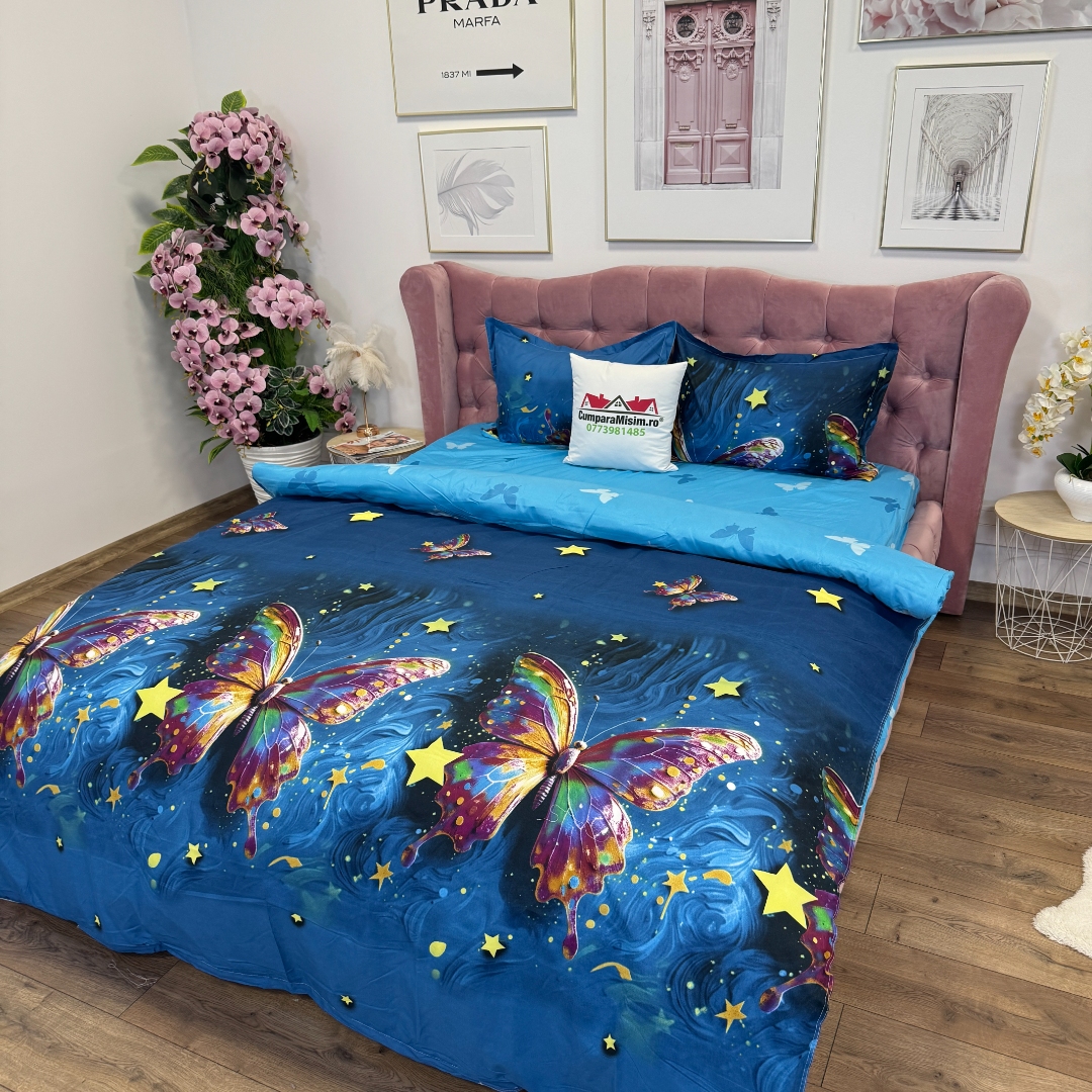 Lenjerie Pat Dublu Cu Elastic Bumbac Satinat - 3 Bucati 219 Lei - Albastru Fluturi - imagine 4