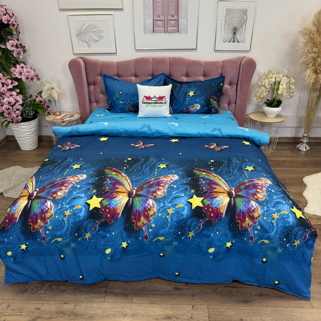 Lenjerie Pat Dublu Cu Elastic Bumbac Satinat - 3 Bucati 219 Lei - Albastru Fluturi - imagine 5