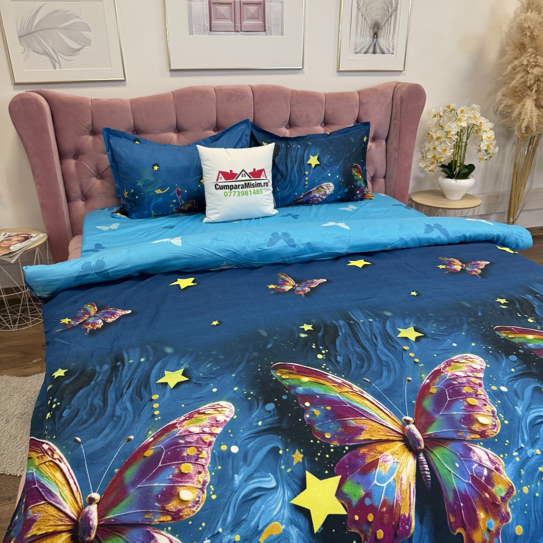 Lenjerie Pat Dublu Cu Elastic Bumbac Satinat - 3 Bucati 219 Lei - Albastru Fluturi - imagine 6