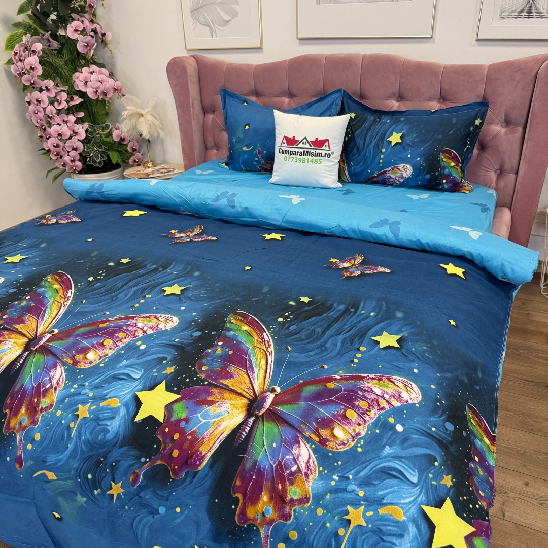 Lenjerie Pat Dublu Cu Elastic Bumbac Satinat - 3 Bucati 219 Lei - Albastru Fluturi - imagine 8