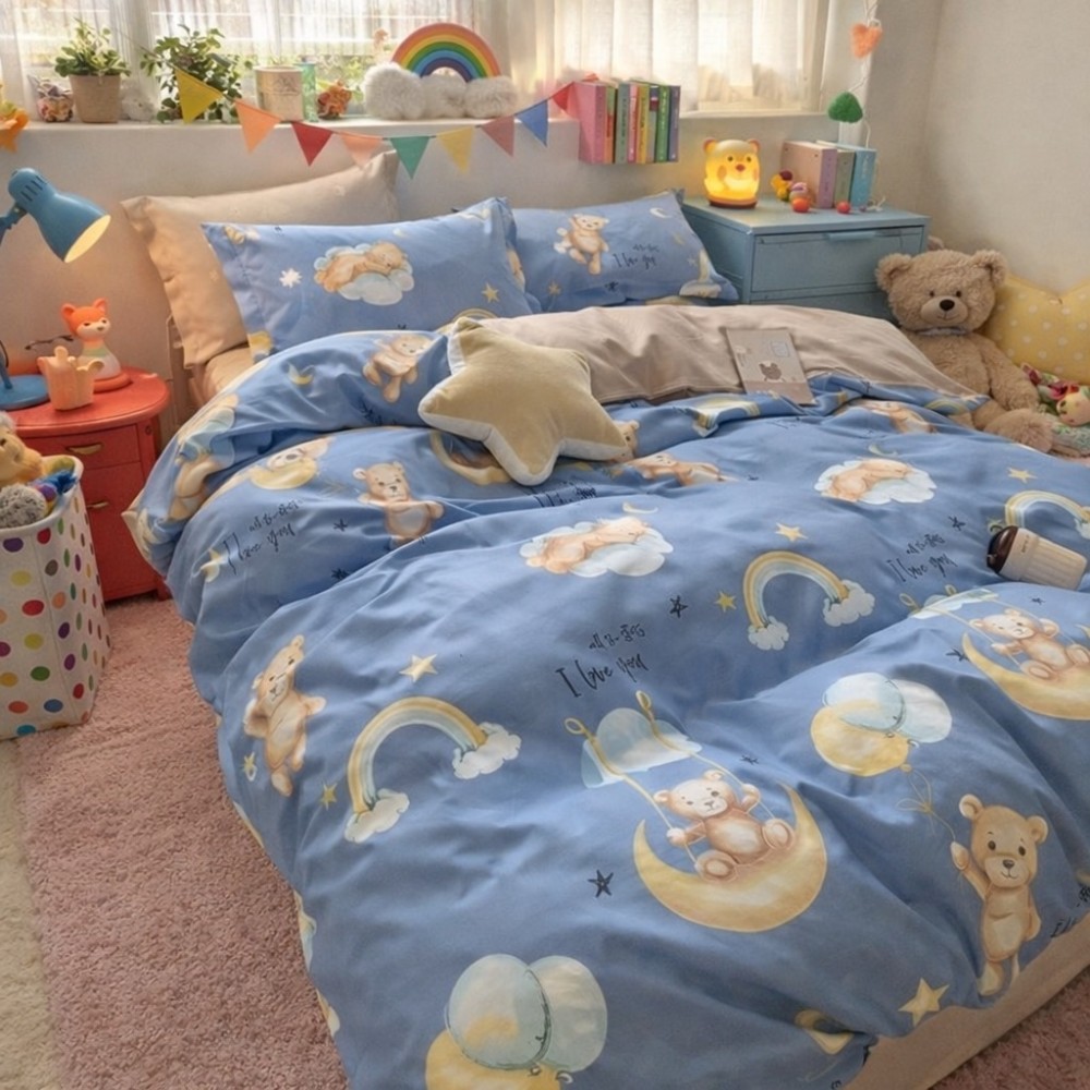 Lenjerie pat dublu, Finet, 6 piese, Bleu, ursuleti — imaginea 4