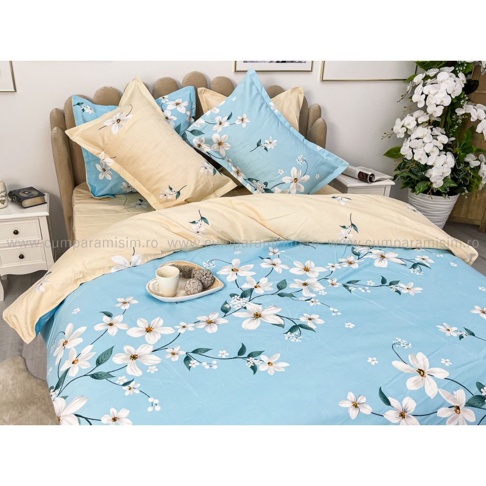 Lenjerie pat dublu, Finet, 6 piese, Bleu, flori — imaginea 3