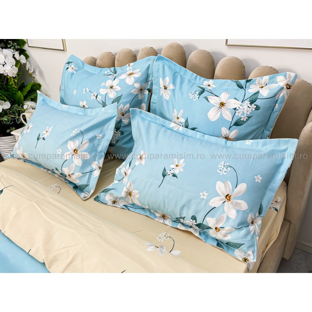 Lenjerie pat dublu, Finet, 6 piese, Bleu, flori — imaginea 5