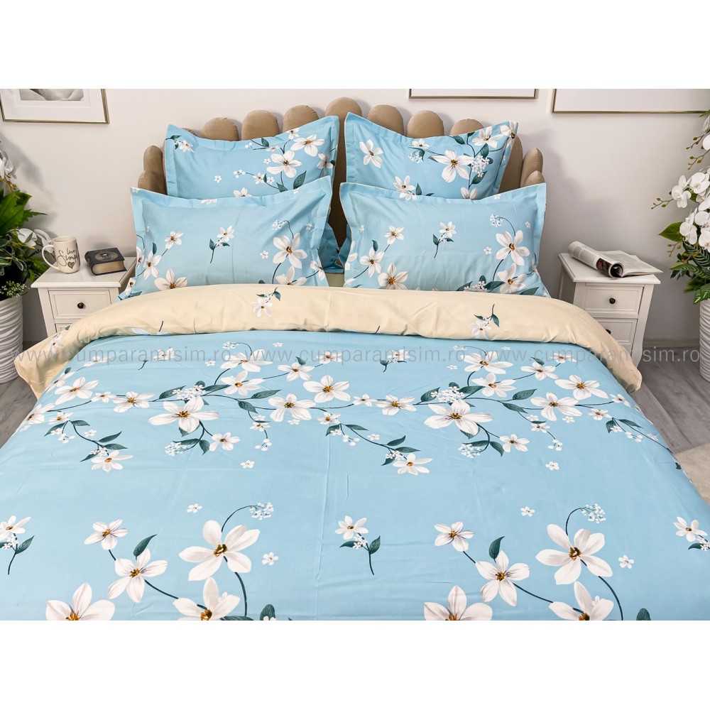 Lenjerie pat dublu, Finet, 6 piese, Bleu, flori — imaginea 8