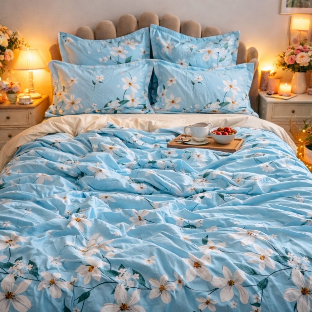 Lenjerie pat dublu, Finet, 6 piese, Bleu, flori — imaginea 12