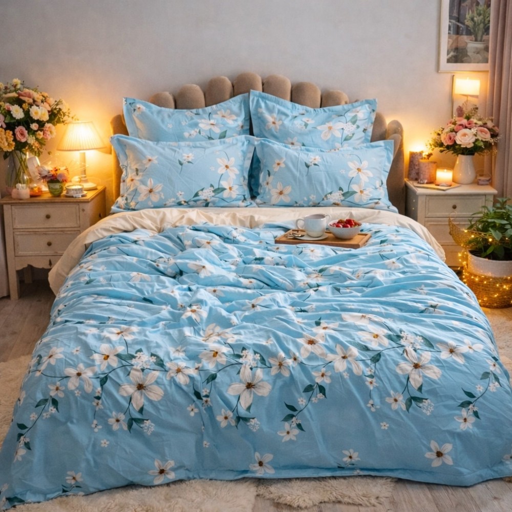 Lenjerie pat dublu, Finet, 6 piese, Bleu, flori — imaginea 13