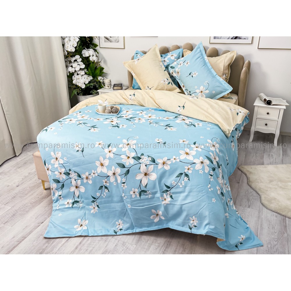 Lenjerie pat dublu, Finet, 6 piese, Bleu, flori — imaginea 14