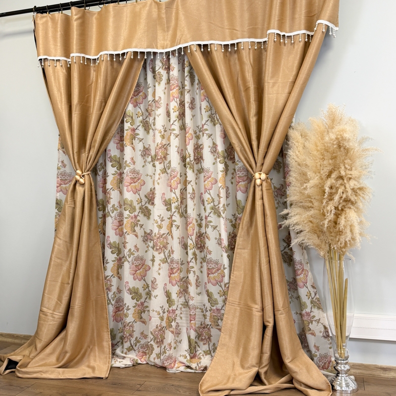 Set 3 metri de 2 bucati de Draperie BlackOut, Pearls, 150cm latime x 270cm inaltime, cu rejansa pt sina, Bej cu Sclipici - imagine 7