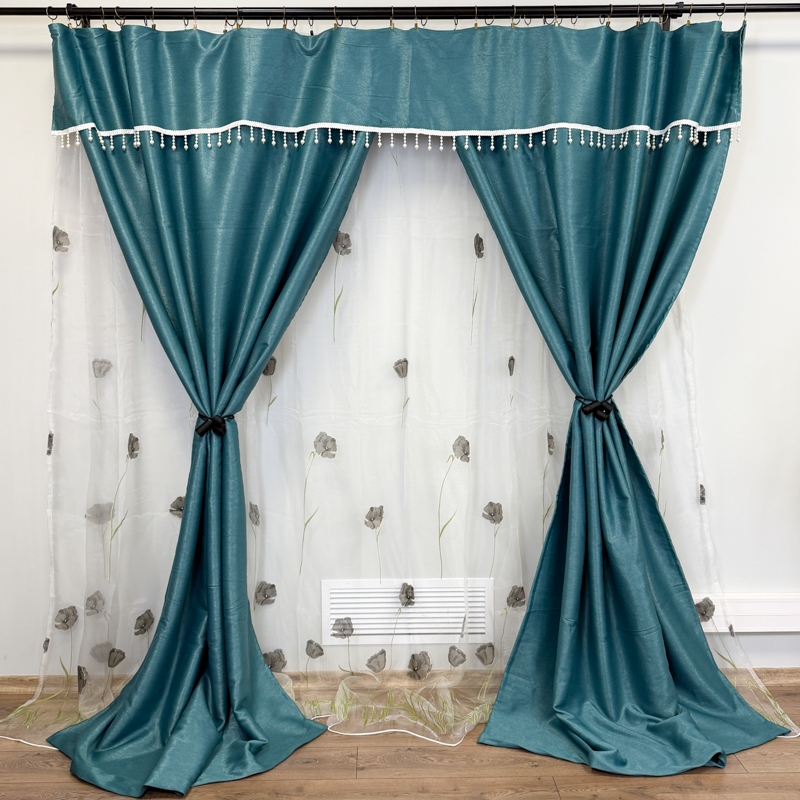 Set 3 metri de 2 bucati de Draperie BlackOut, Pearls, 150cm latime x 270cm inaltime, cu rejansa pt sina, Turquoise cu Sclipici - imagine 2