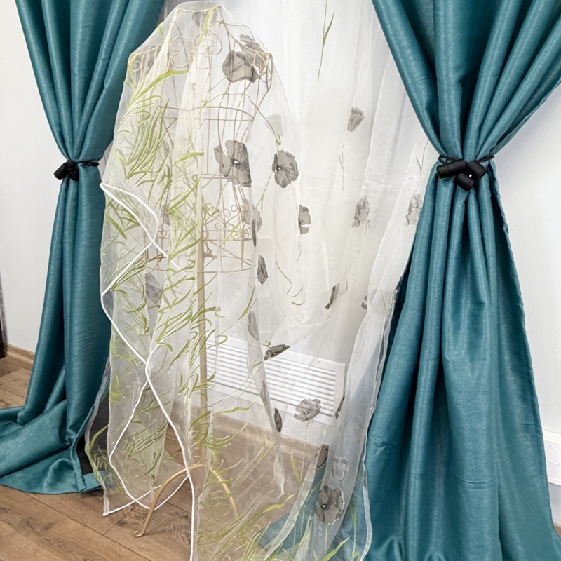 Set 3 metri de 2 bucati de Draperie BlackOut, Pearls, 150cm latime x 270cm inaltime, cu rejansa pt sina, Turquoise cu Sclipici - imagine 8