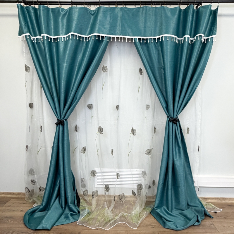 Set 3 metri de 2 bucati de Draperie BlackOut, Pearls, 150cm latime x 270cm inaltime, cu rejansa pt sina, Turquoise cu Sclipici - imagine 9