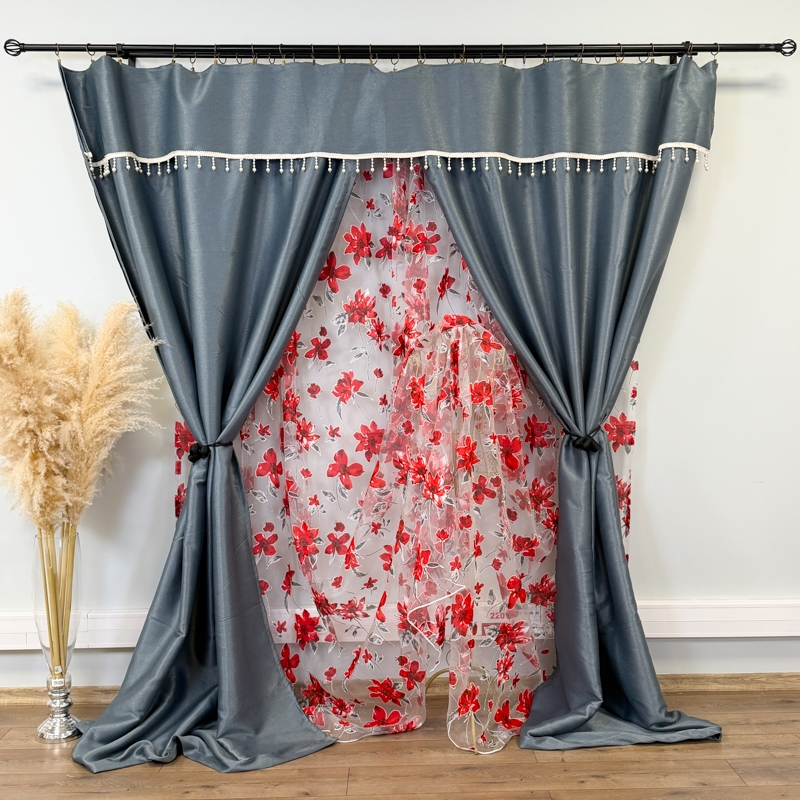 Set 3 metri de 2 bucati de Draperie BlackOut, Pearls, 150cm latime x 270cm inaltime, cu rejansa pt sina, Gri cu Sclipici - imagine 2
