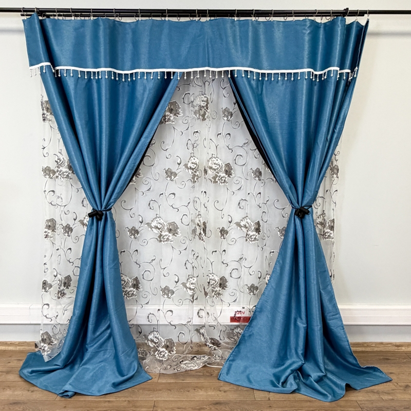 Set 3 metri de 2 bucati de Draperie BlackOut, Pearls, 150cm latime x 270cm inaltime, cu rejansa pt sina, Albastru cu Sclipici - imagine 2