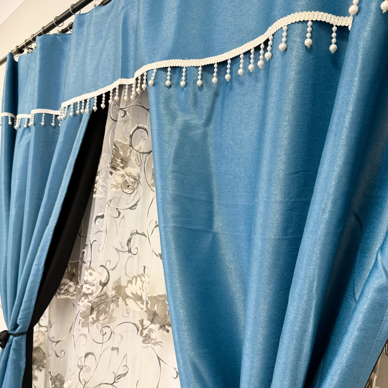 Set 3 metri de 2 bucati de Draperie BlackOut, Pearls, 150cm latime x 270cm inaltime, cu rejansa pt sina, Albastru cu Sclipici - imagine 6