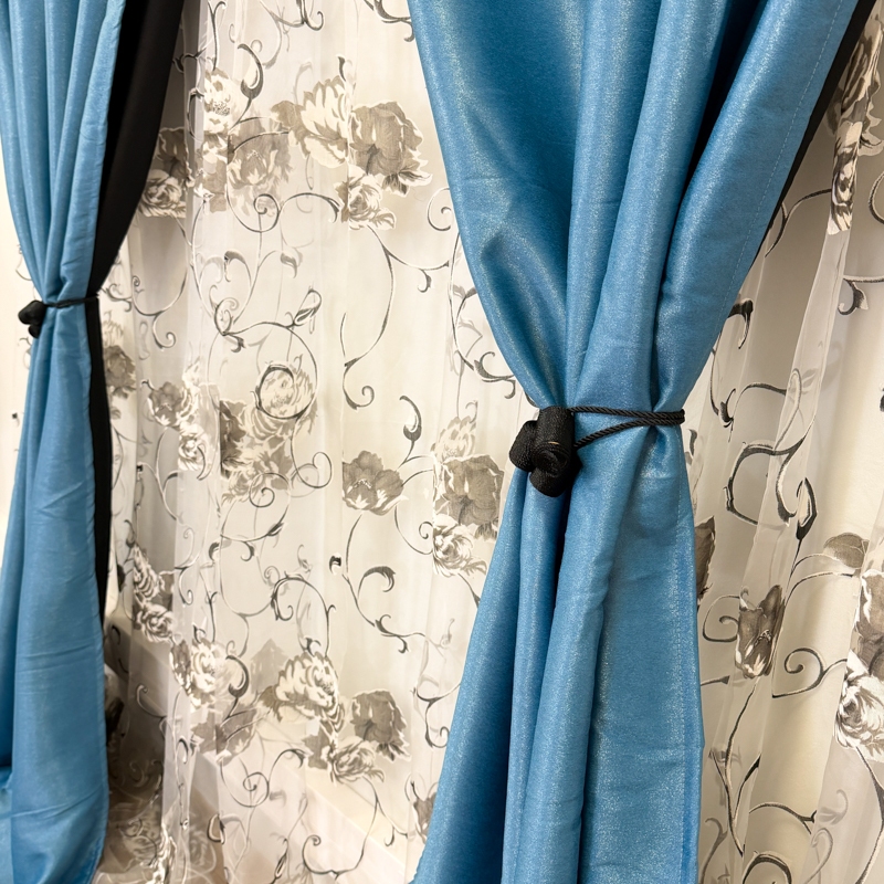 Set 3 metri de 2 bucati de Draperie BlackOut, Pearls, 150cm latime x 270cm inaltime, cu rejansa pt sina, Albastru cu Sclipici - imagine 7