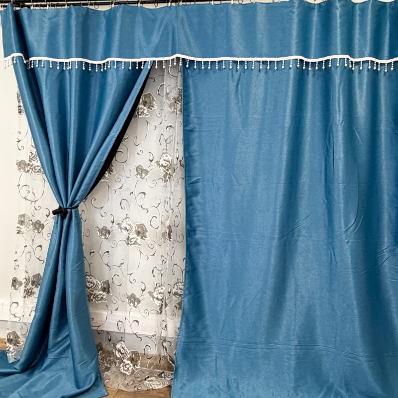 Set 3 metri de 2 bucati de Draperie BlackOut, Pearls, 150cm latime x 270cm inaltime, cu rejansa pt sina, Albastru cu Sclipici - imagine 9