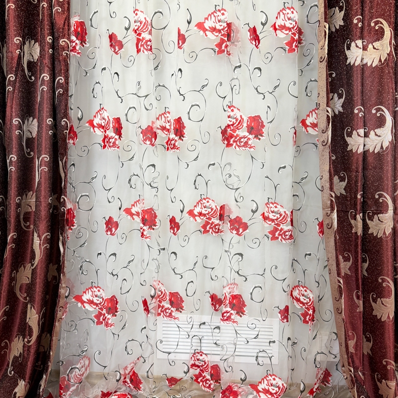 Set 2 Draperii Jacquard, Frunze, 150cm latime x 270cm inaltime, Grena + Perdea 400cm latime x 270cm inaltime, din Matase Imprimata, Bujori Rosii - imagine 6