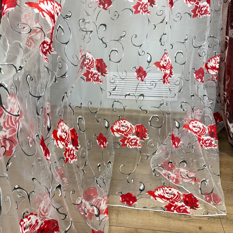 Set 2 Draperii Jacquard, Frunze, 150cm latime x 270cm inaltime, Grena + Perdea 400cm latime x 270cm inaltime, din Matase Imprimata, Bujori Rosii - imagine 7