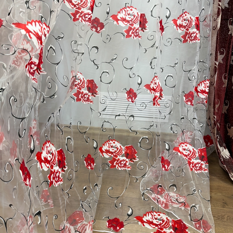Set 2 Draperii Jacquard, Frunze, 150cm latime x 270cm inaltime, Grena + Perdea 400cm latime x 270cm inaltime, din Matase Imprimata, Bujori Rosii - imagine 8