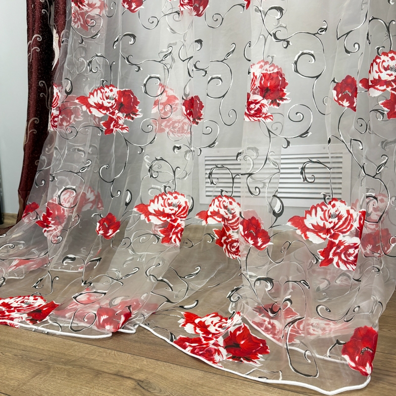 Set 2 Draperii Jacquard, Frunze, 150cm latime x 270cm inaltime, Grena + Perdea 400cm latime x 270cm inaltime, din Matase Imprimata, Bujori Rosii - imagine 10