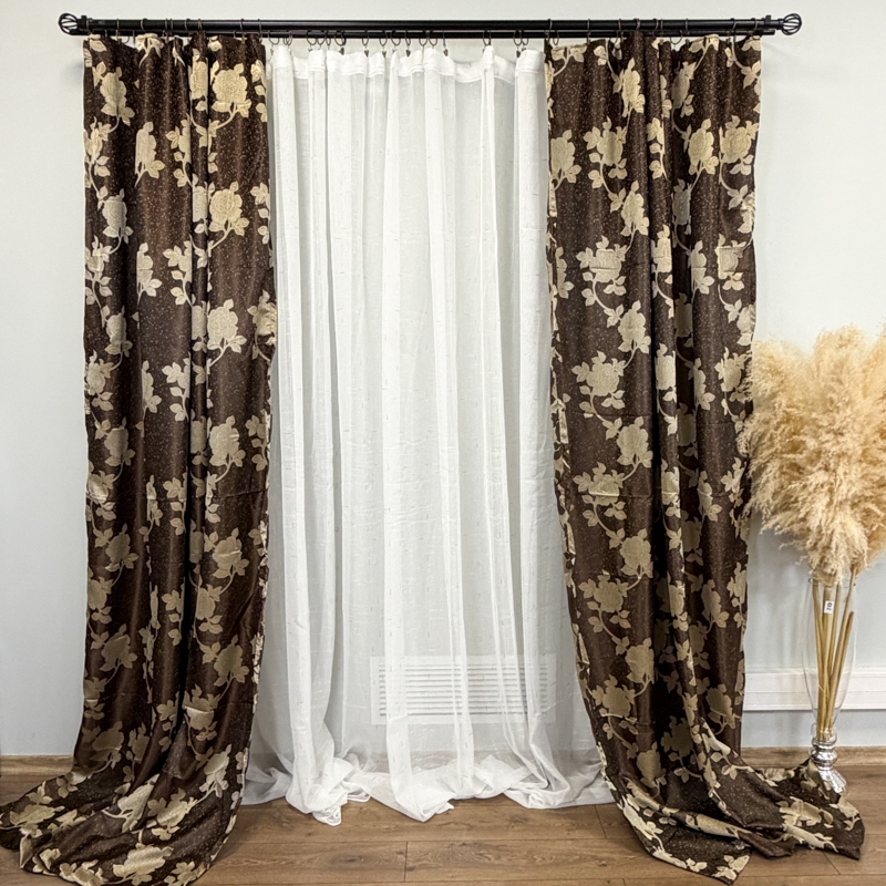 Set 2 Draperii Jacquard, Roses, 150cm latime x 270cm inaltime, Maro + Perdea 400cm latime x 270cm inaltime, tip in cu broderie Lines - imagine 2
