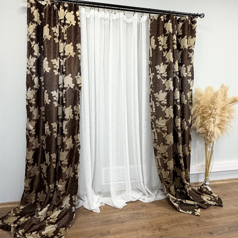 Set 2 Draperii Jacquard, Roses, 150cm latime x 270cm inaltime, Maro + Perdea 400cm latime x 270cm inaltime, tip in cu broderie Lines - imagine 3