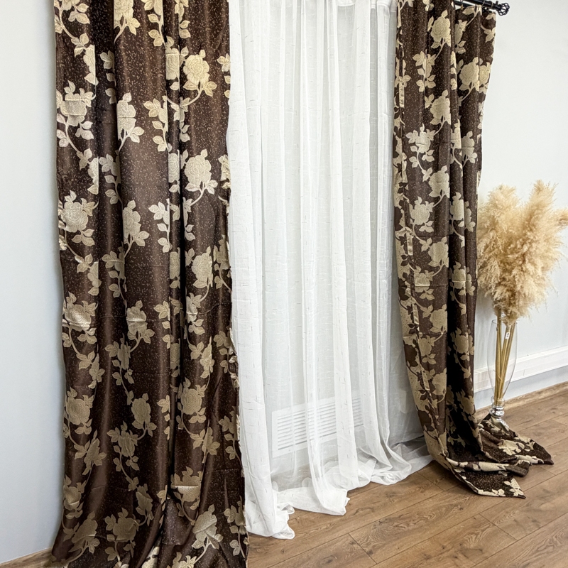 Set 2 Draperii Jacquard, Roses, 150cm latime x 270cm inaltime, Maro + Perdea 400cm latime x 270cm inaltime, tip in cu broderie Lines - imagine 4
